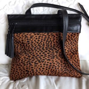 Lisette Hair On Hide Animal Print Black Leather Tassels  Shoulder Bag